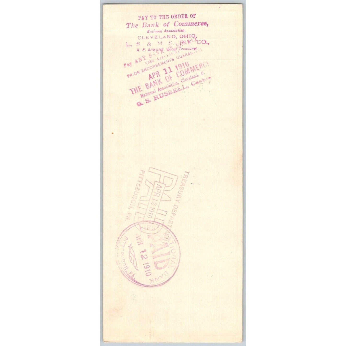 Lake Shore & Michigan Southern Railway Railroad 1910 Bank Check VGC