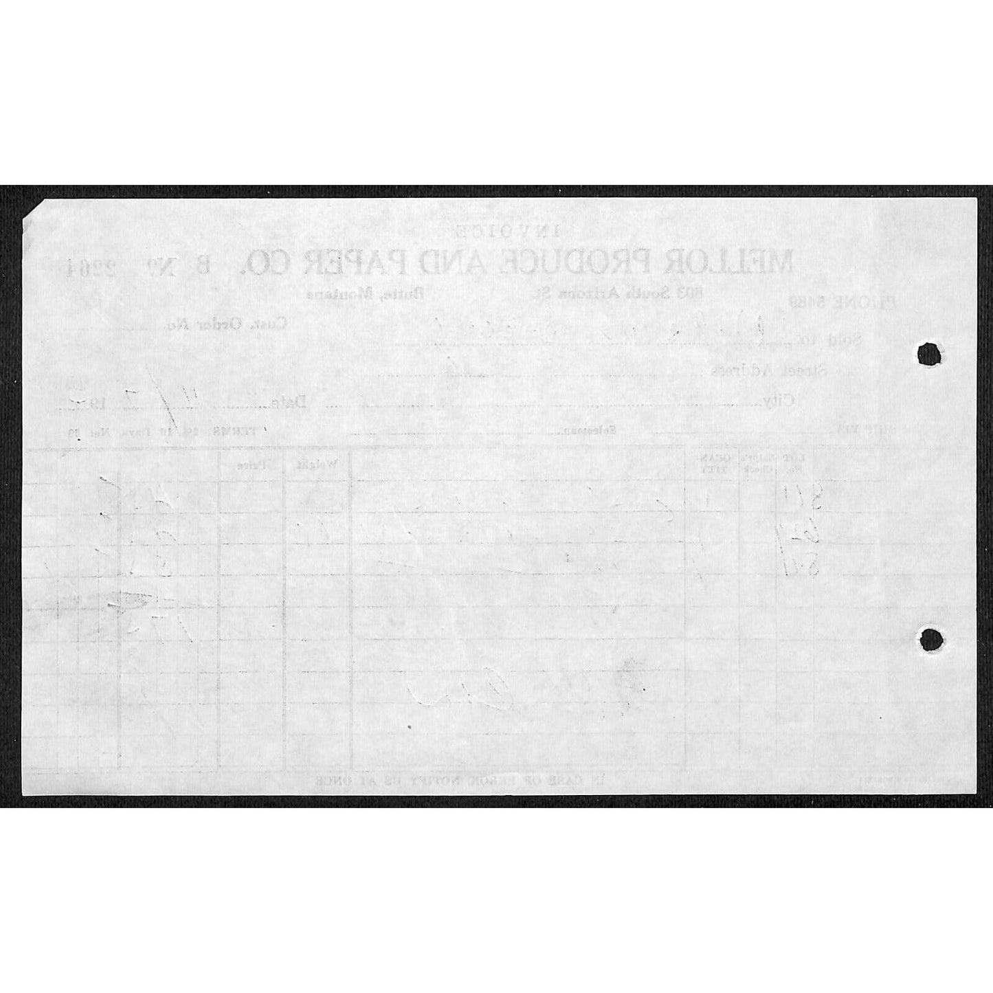 Mellor Produce and Paper Butte Montana 1933 Billhead Letterhead - Wilson Drug