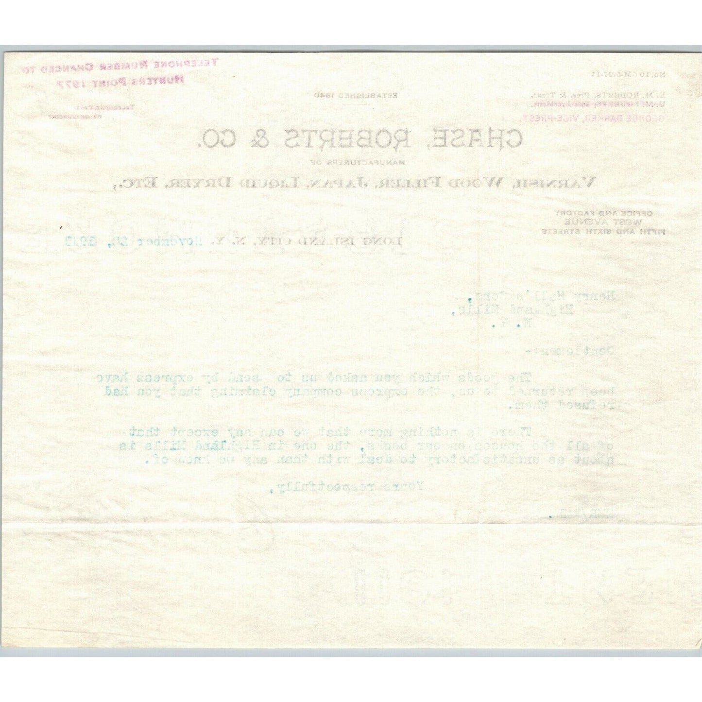 Long Island City NY Billhead Letterhead 1911 Chase, Roberts & Co. Varnish