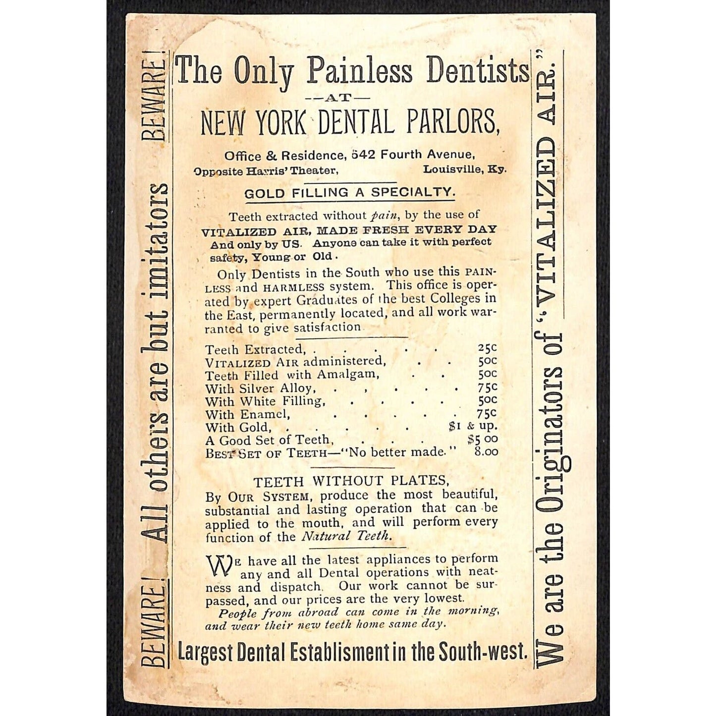 New York Dental Parlors Louisville KY Victorian Trade Cards Winter Outdoor Scene
