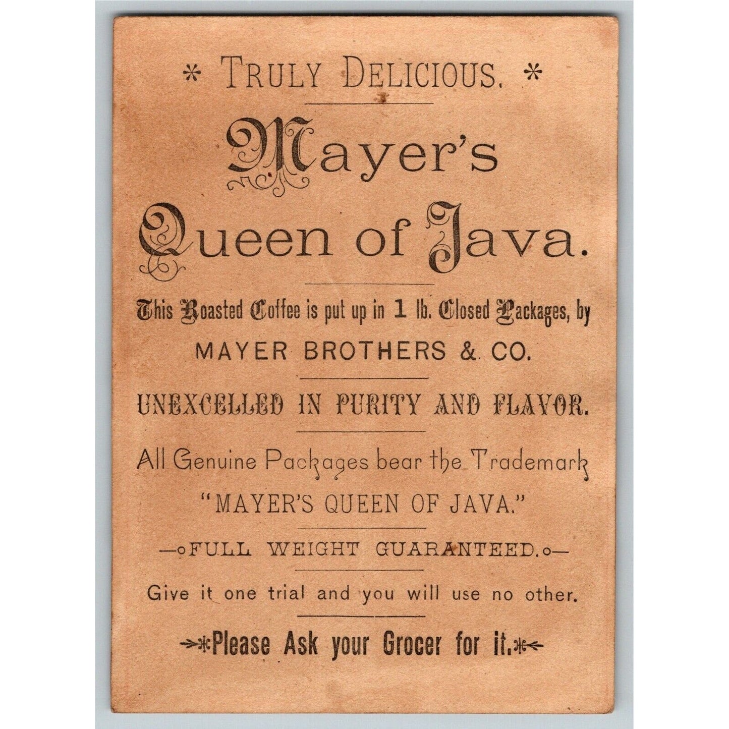 Mayer's Queen of Java Coffee Victorian Trade Card Boy Riding Rabbit / Hare