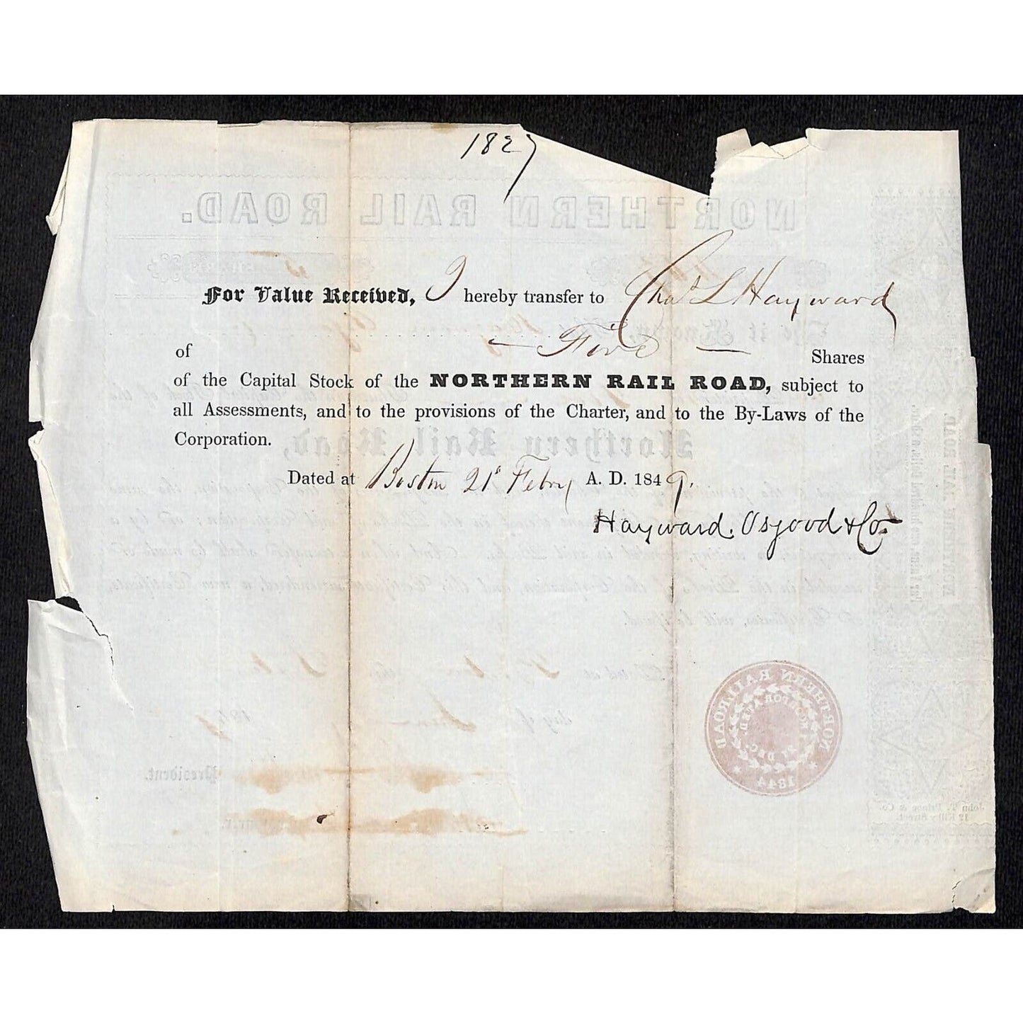 1847 Boston MA Northern Railroad Stock Certificate No. 467 for 5 Shares
