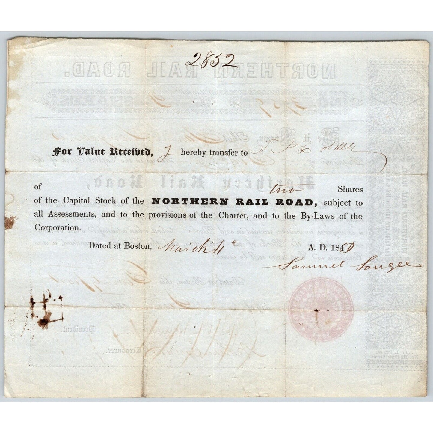 1848 Boston, MA Northern Railroad Stock Certificate No. 3759 for 2 Shares