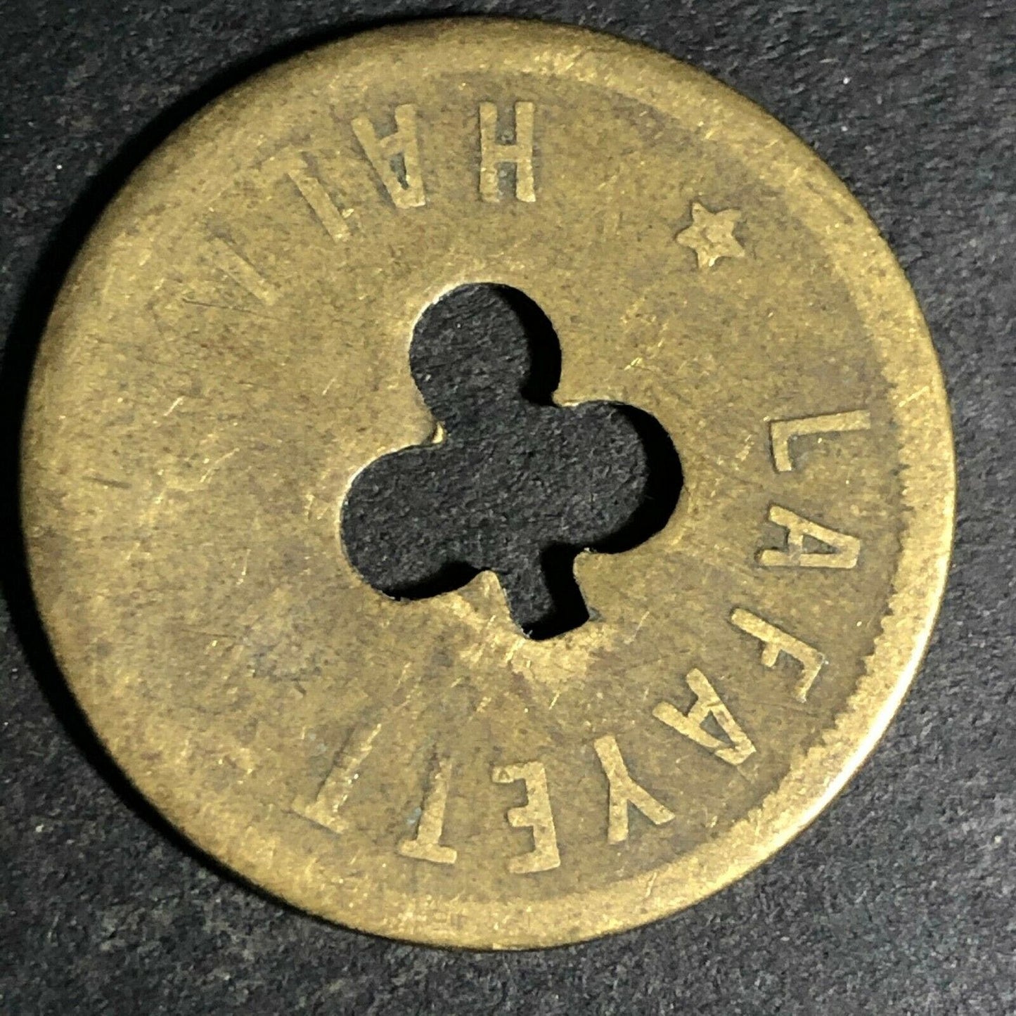 24.5mm Brass Lafayette Hall (Saloon Sacramento, CA) Token Clover Shamrock (#54)