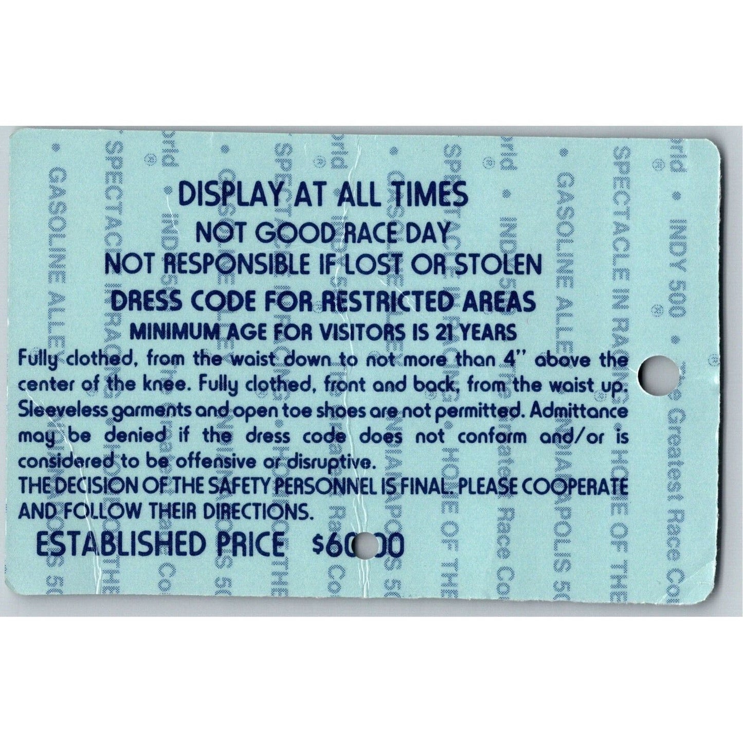 1990 Indy 500 Season Gate Garage Ticket Pass Indianapolis IMS Race Racing #816