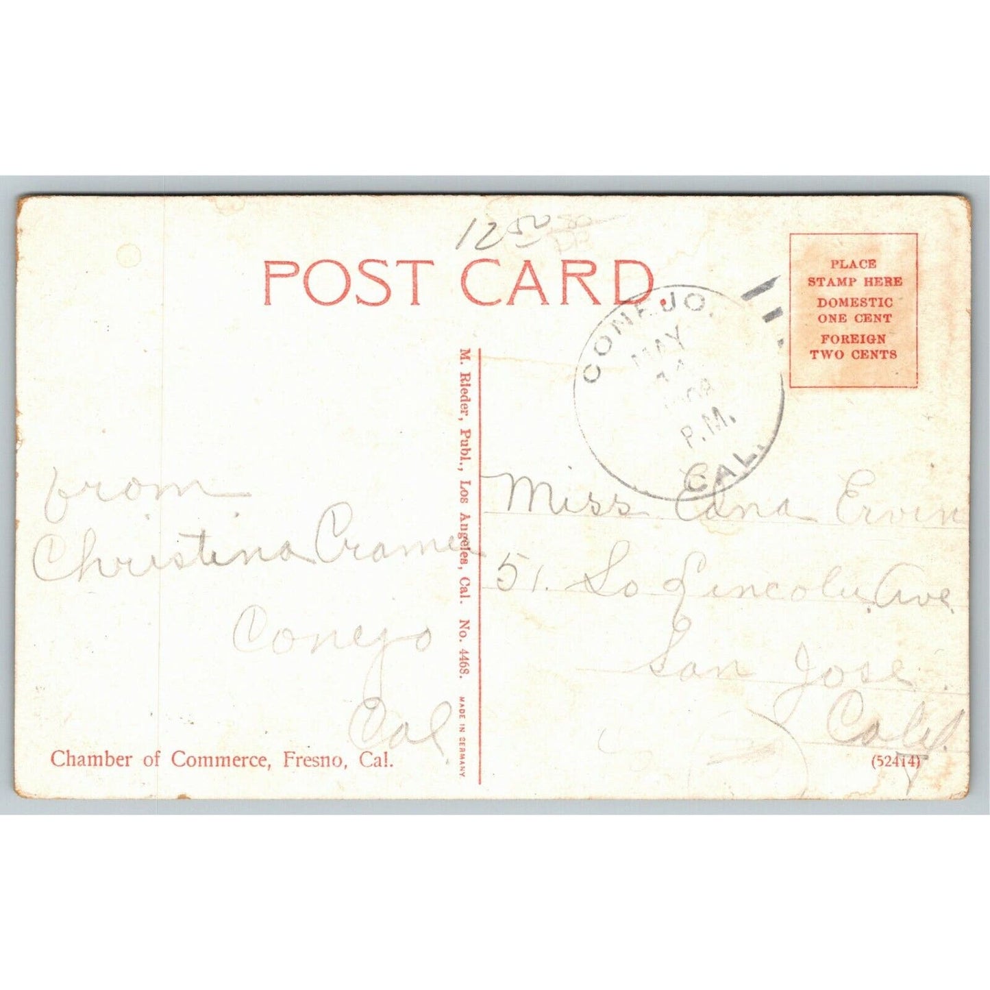 Vintage c1908 Postcard "Chamber of Commerce, Fresno, Cal."