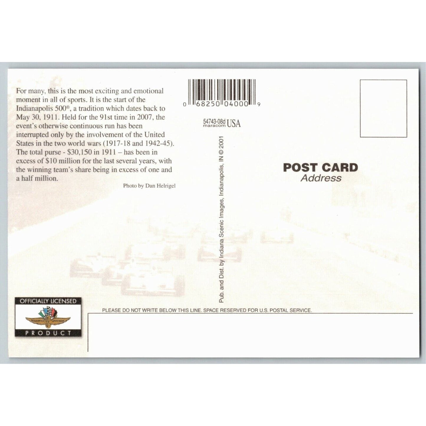 Vintage Indy 500 Postcard c2007 Full Stands / Race in Progress 4" x 5 3/4" NOS