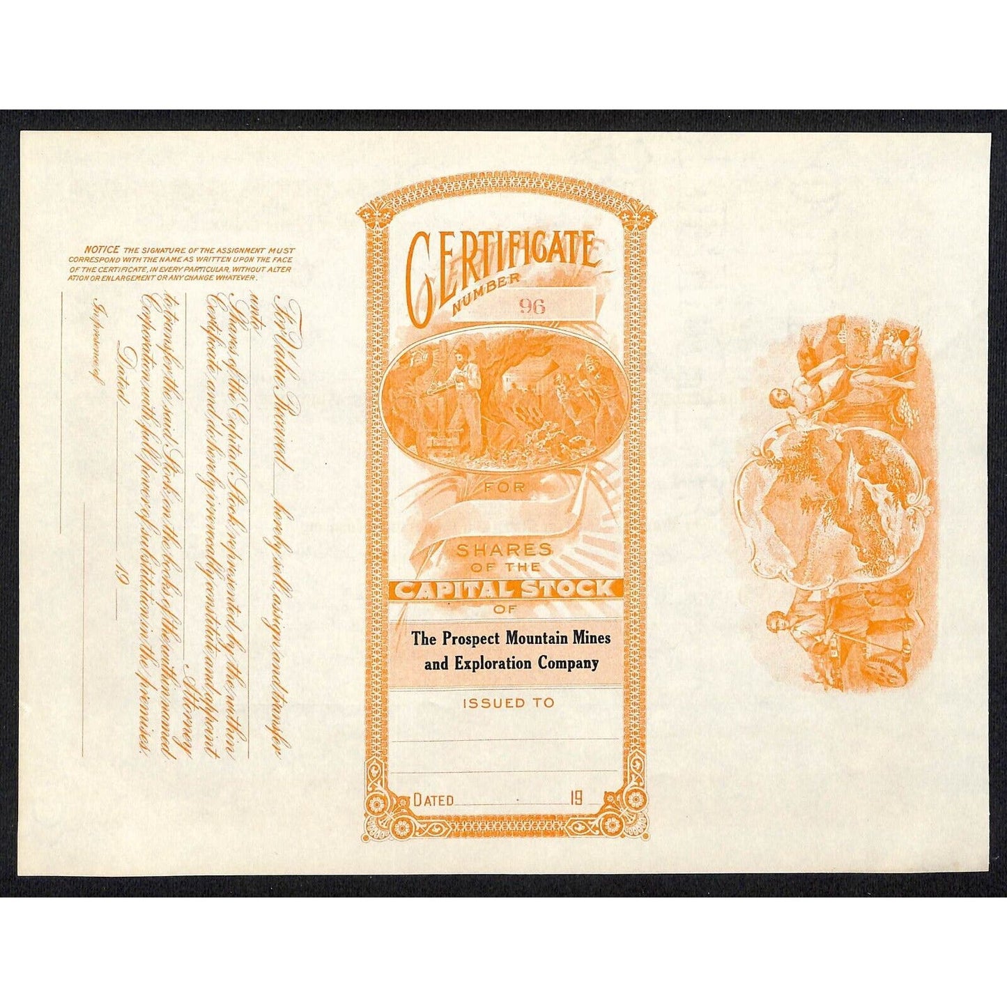 The Prospect Mountain Mines Exploration Company c1920 Stock Certificate #96