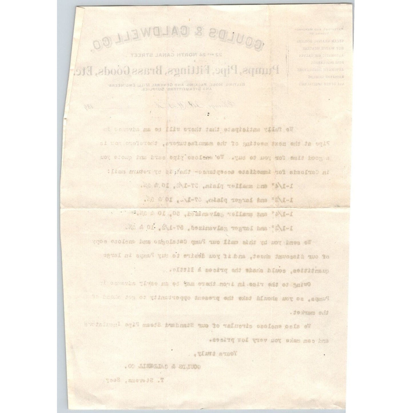 Chicago, IL Goulds & Caldwell Co. Pumps Pipe Fitters c1890's Letterhead