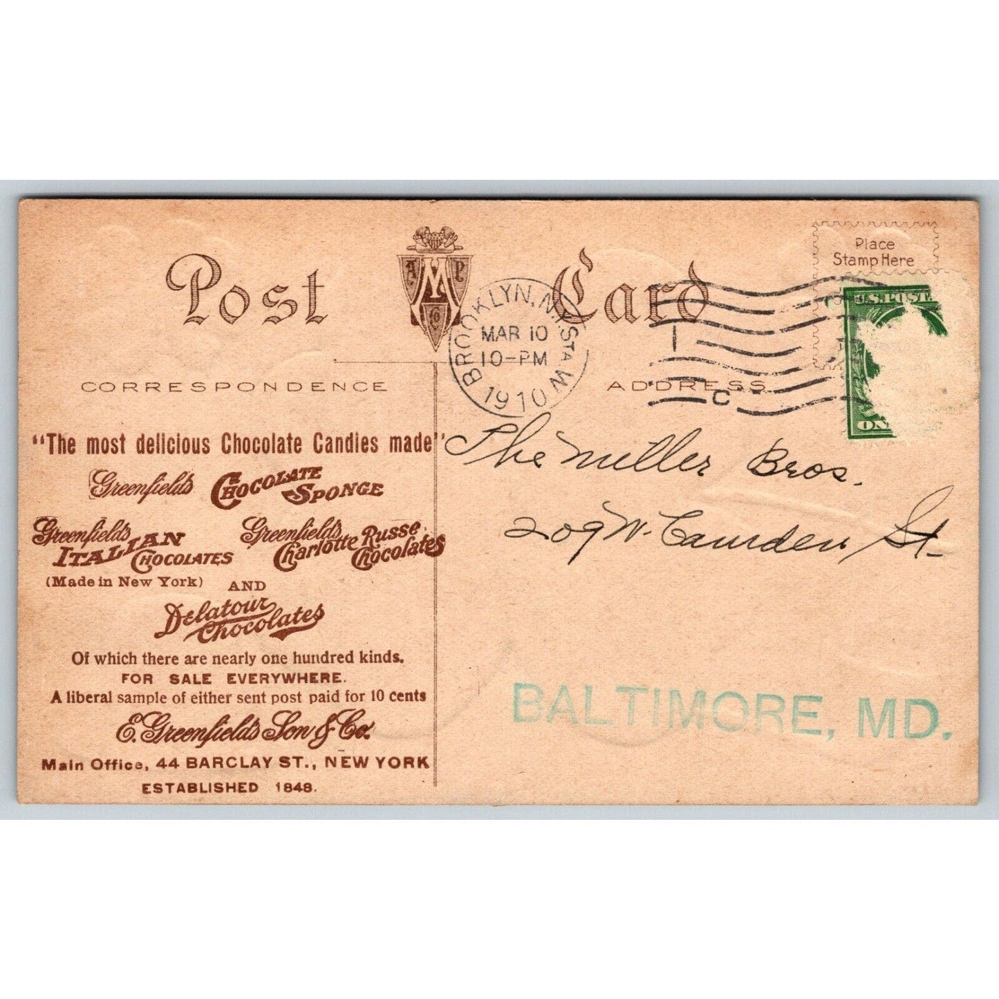 E. Greenfield Son & Co Chocolate St. Patrick's Day Advertising Postcard PM 1910