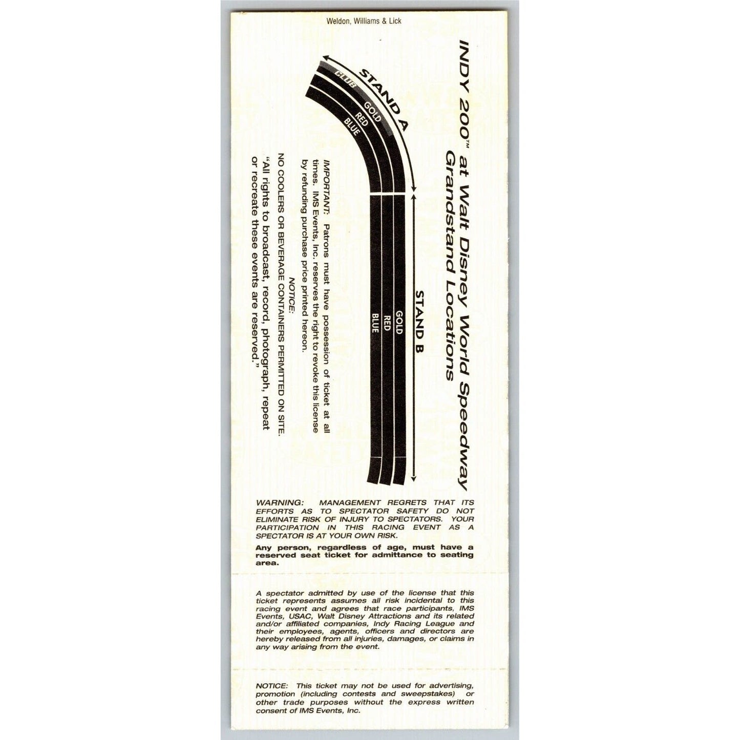 2000 Indy 200 Walt Disney World Speedway Unused Ticket - Seat 9