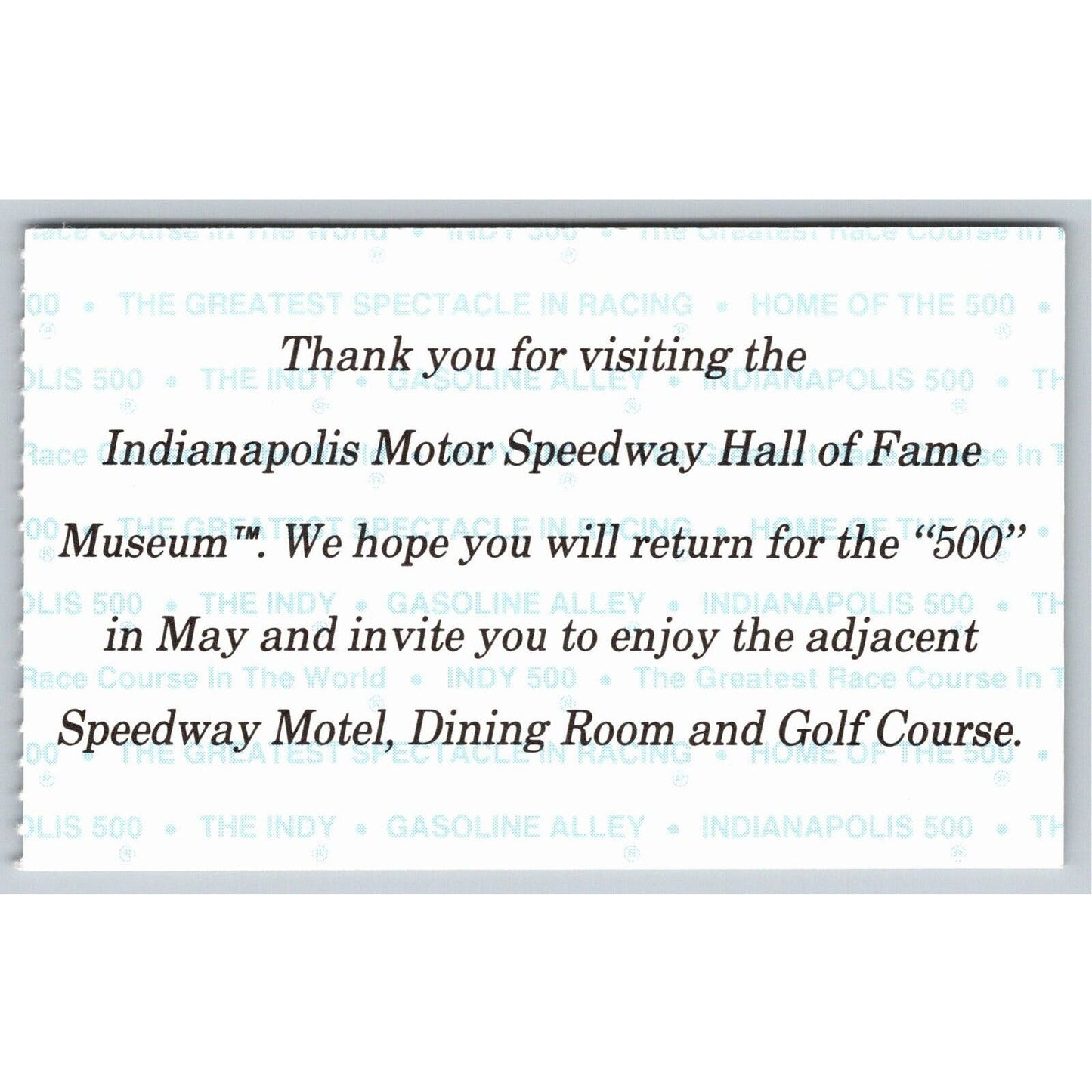 c1980's Indy 500 Hall of Fame Museum Ticket Stub Card Indianapolis #49723