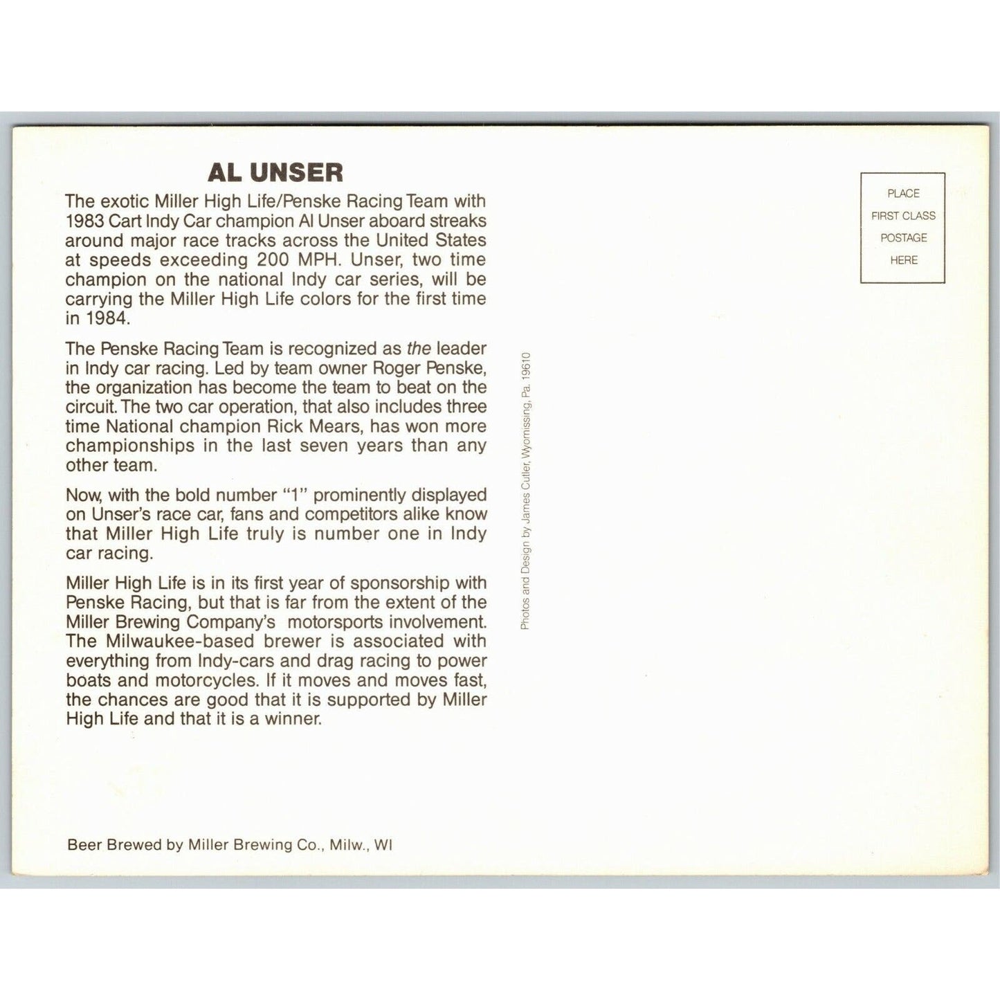 Vintage Oversized Indy 500 Postcard c1983 "Al Unser" 5 1/2" x 7 1/4"