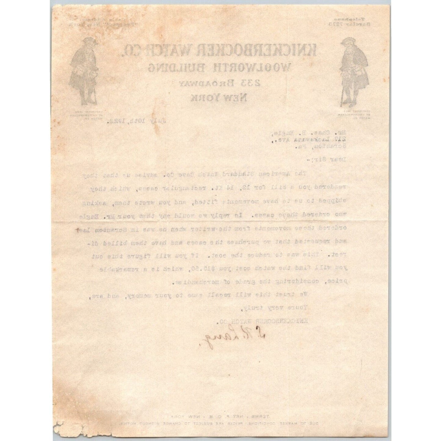 New York City Broadway Knickerbocker Watch Co. 1922 "Engel" Letterhead Scarce