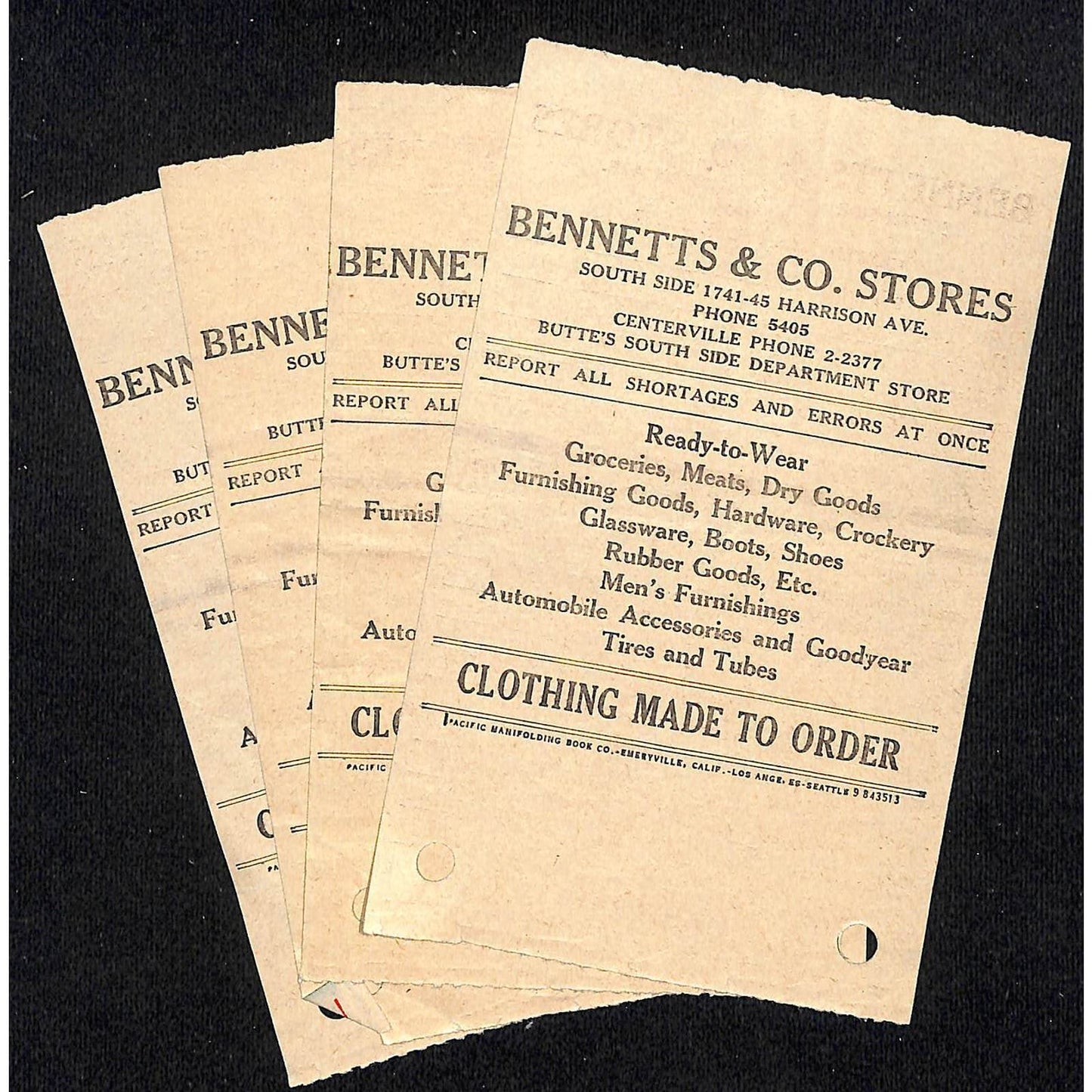 Group of 4 Bennetts & Co. Butte Montana 1933 Billhead Letterhead Wilson Drug