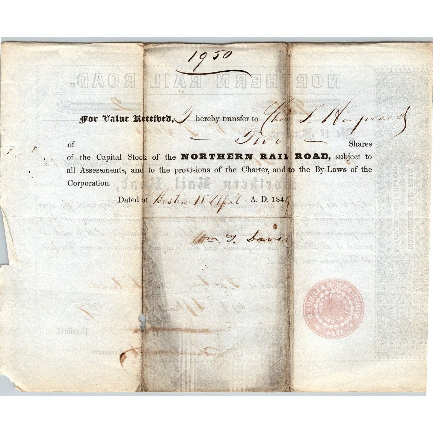 1847 Boston, MA Northern Railroad Stock Certificate No. 964 for 2 Shares