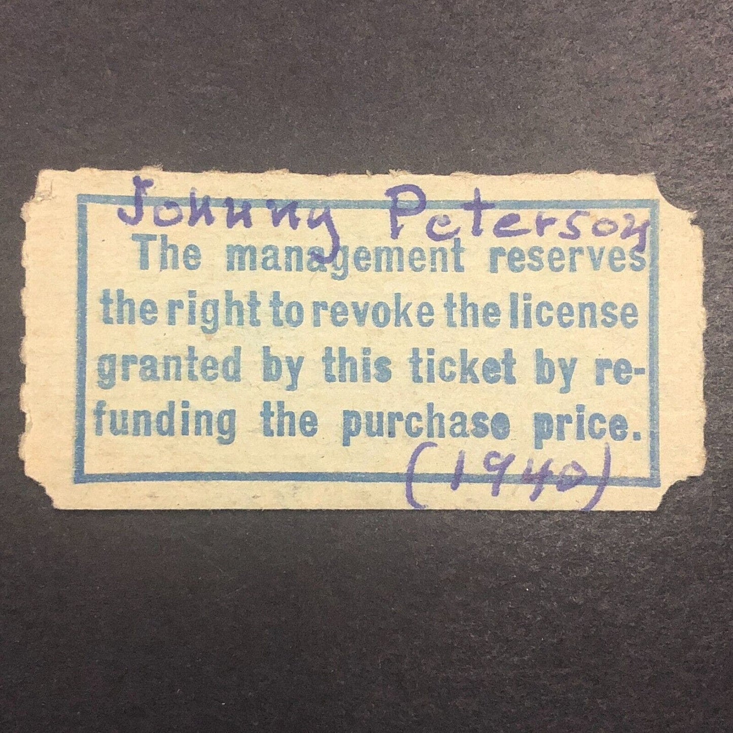 1940 Johnny Peterson Midget Auto Racing Rain Check Ticket 020275