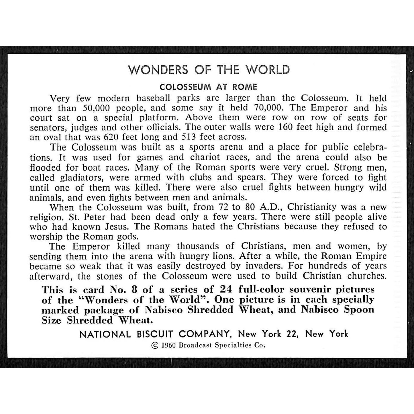 "Colosseum at Rome" Wonders of the World 1960 National Biscuit Card No. 8 of 24