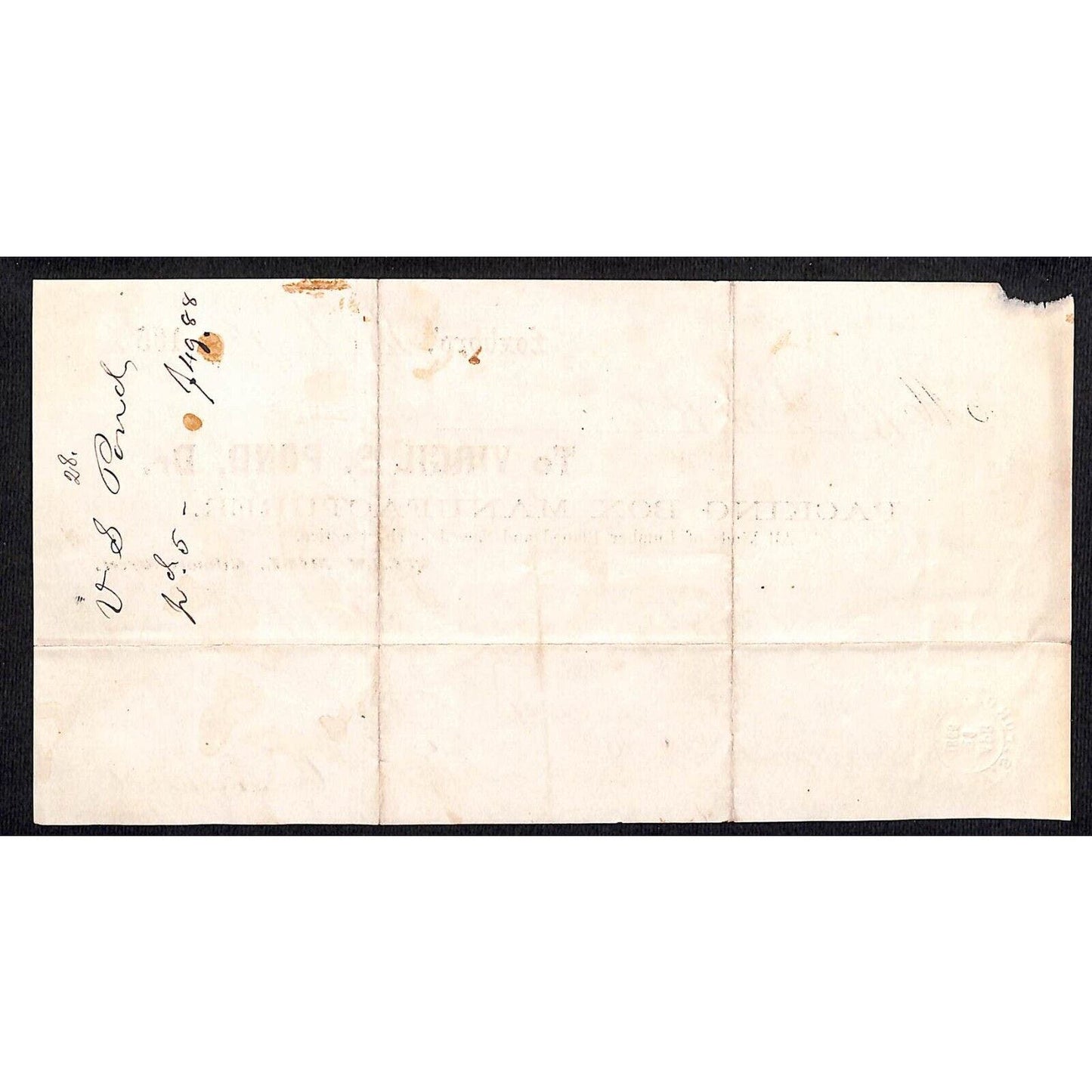 Foxboro, MASS 1866 Virgil S. Pond Packing Box Mfg. Billhead w/ Tax Stamp Scarce