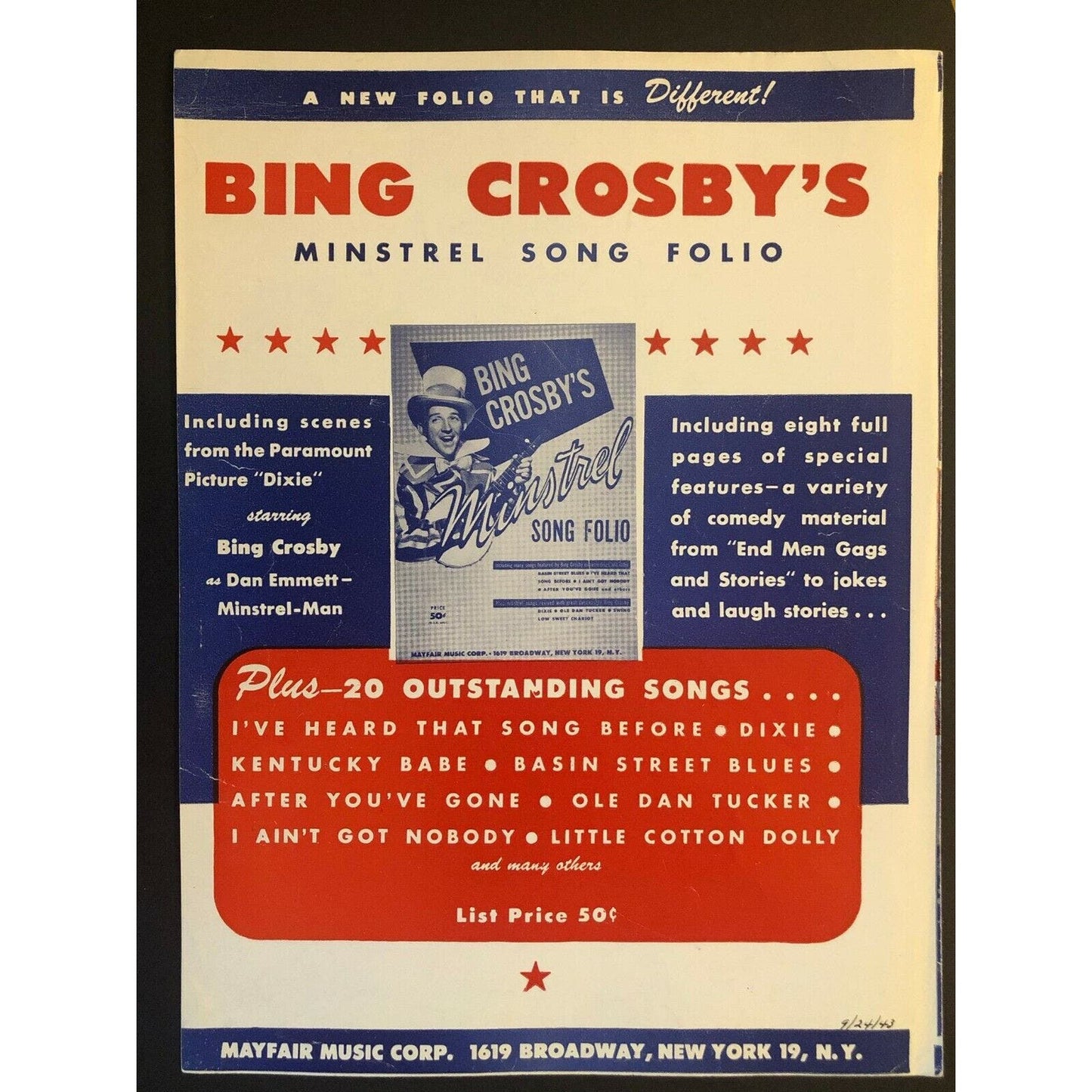 Vintage 1944 Sheet Music "Sunday, Monday, or Always" from "Dixie"