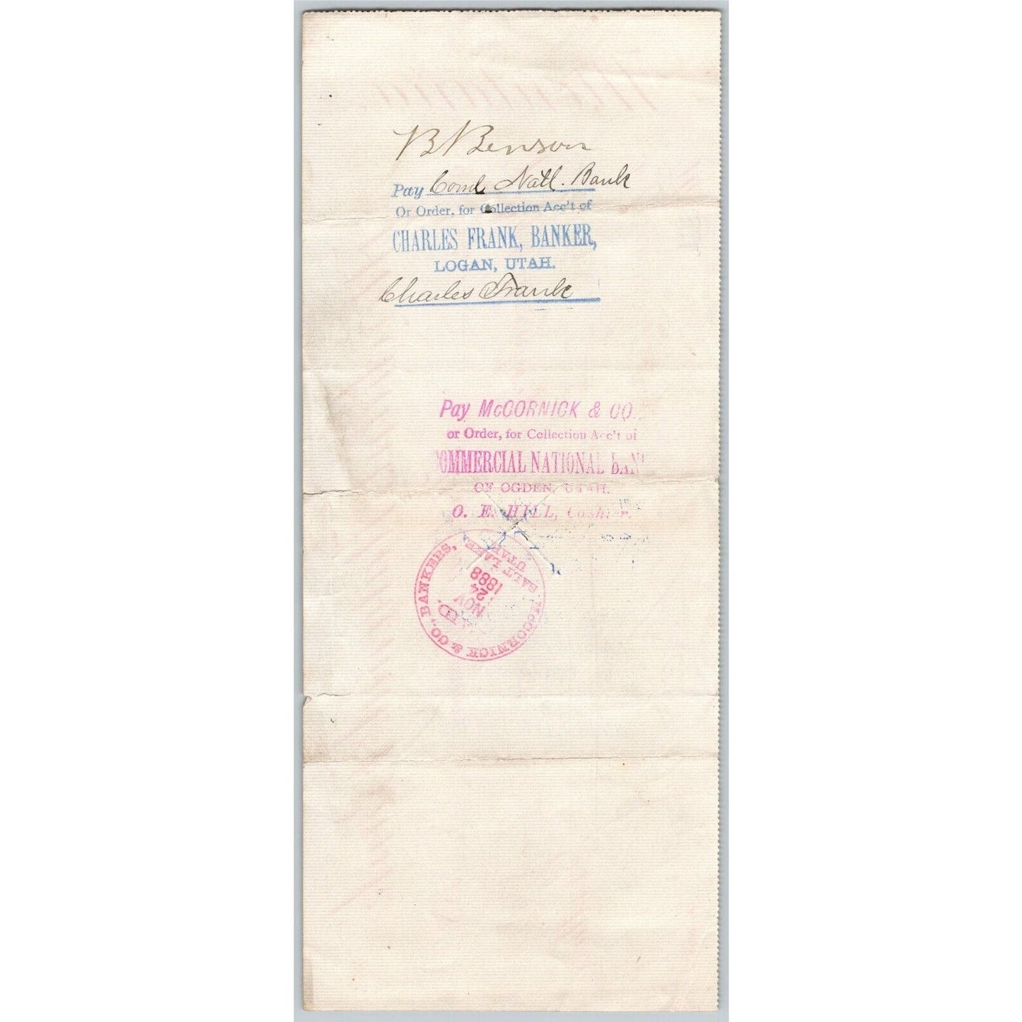 Helena Montana Merchants National Bank Check 1888 - Aaron Hershfield Signed