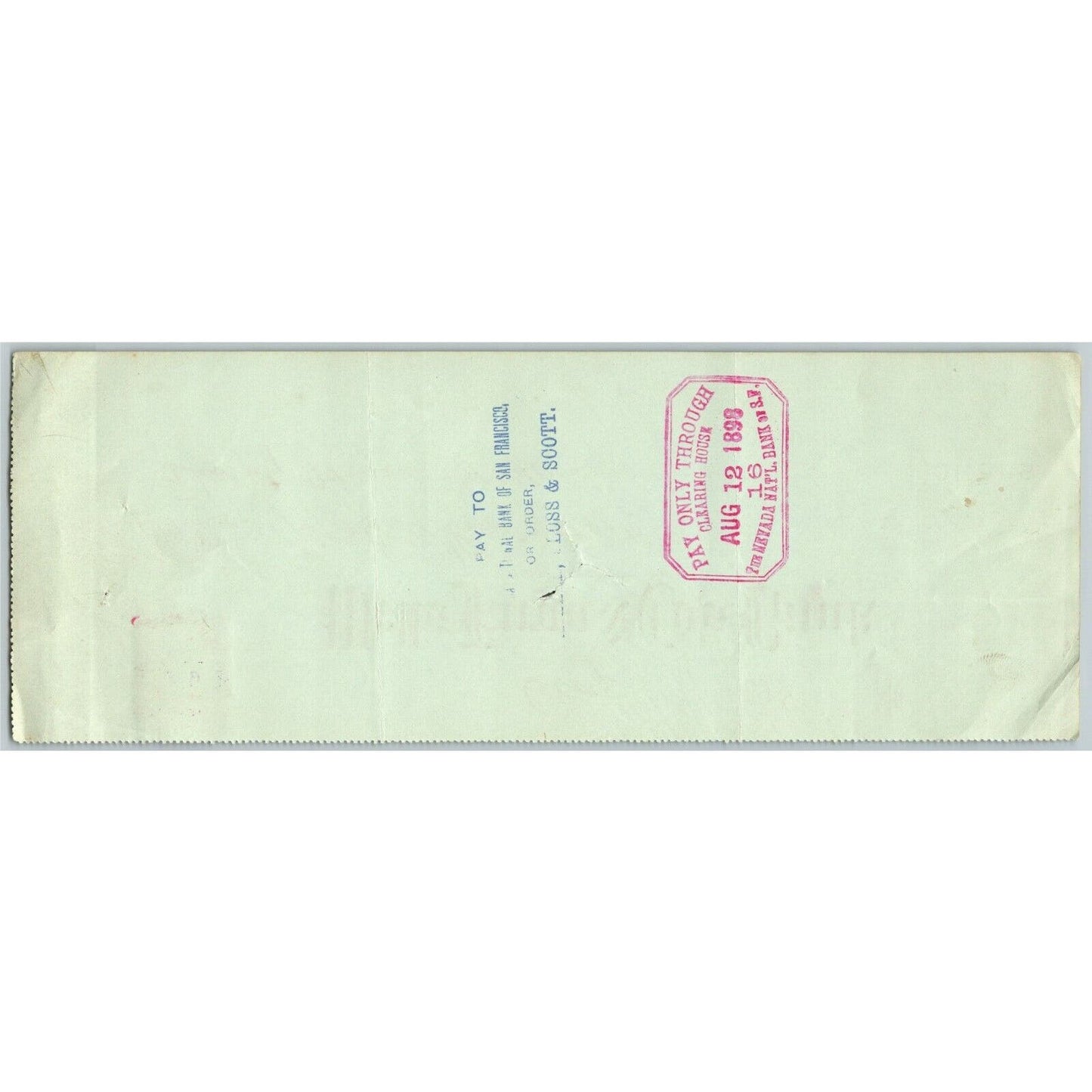 1898 Wells Fargo Bank Check "Miller, Sloss & Scott" (Hardware) San Francisco