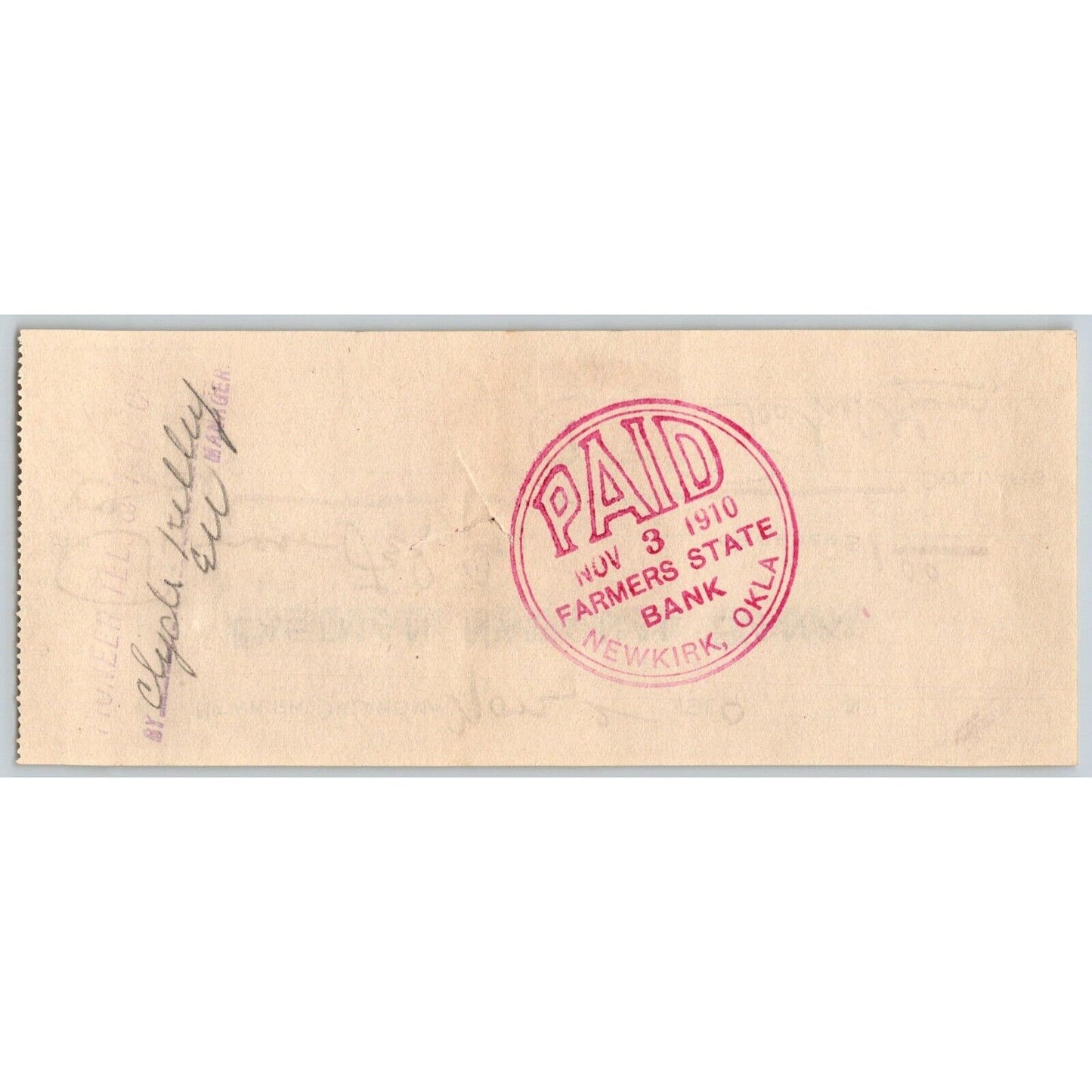 Newkirk, Oklahoma "Eastman National Bank" 1910 Bank Check "Rachel Gund ?"