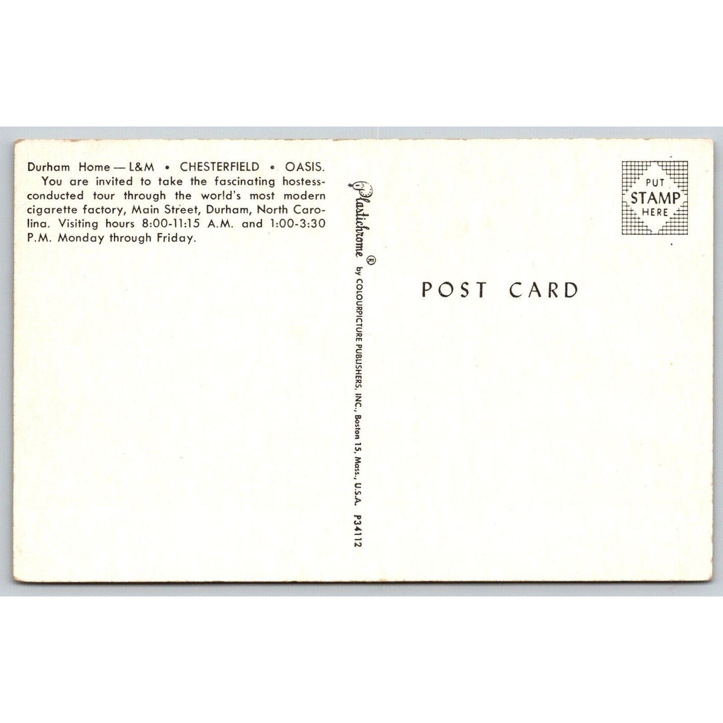 Chesterfield L&M Oasis Cigarette Factory Durham Advertising Postcard c1955-65