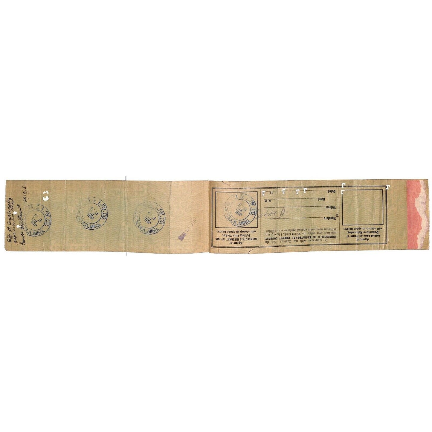 Minnesota and International Railway RR Ticket 1915 Blackduck, MN to San Diego