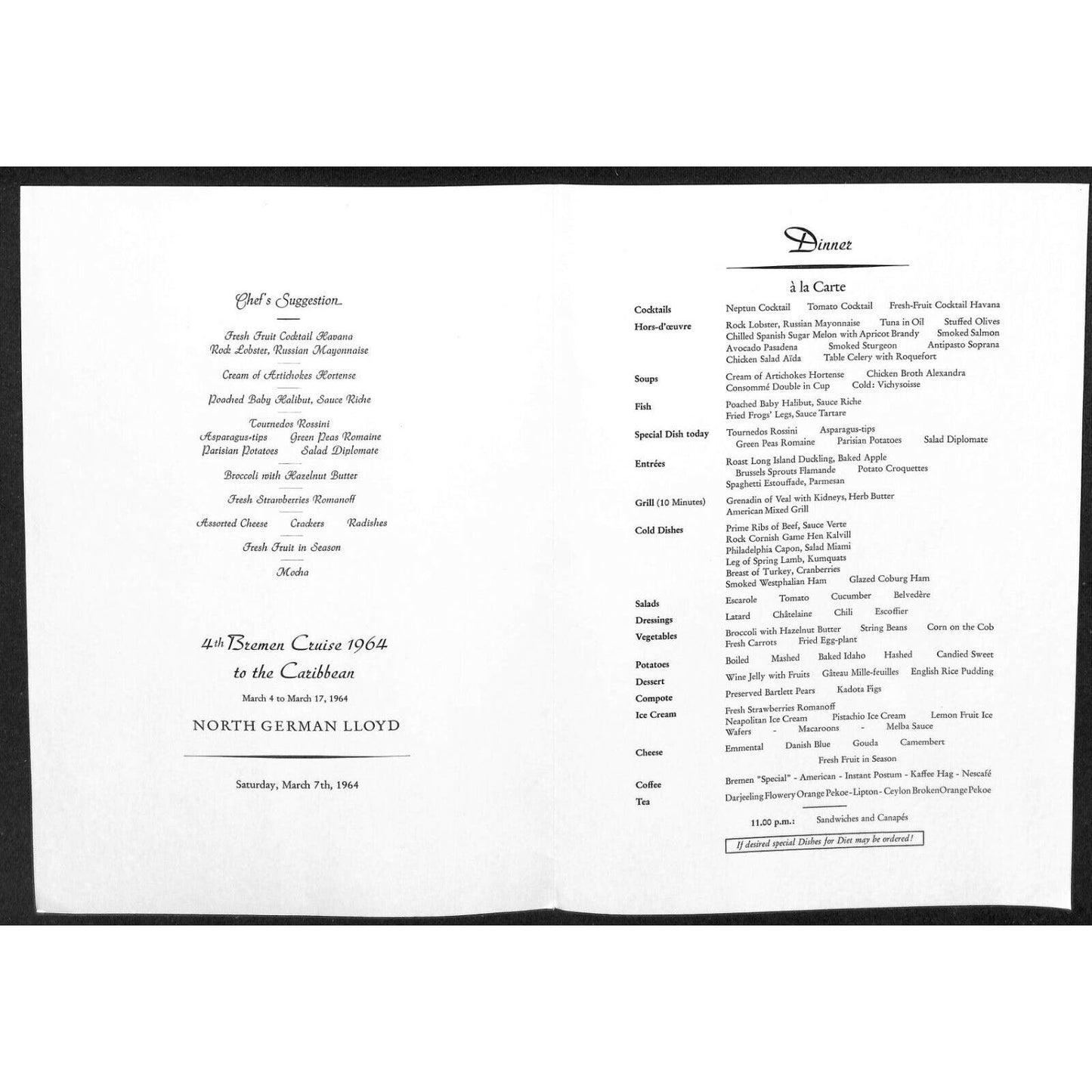 1964 North German Lloyd Bremen Cruise Line Dinner Menu Mar 7