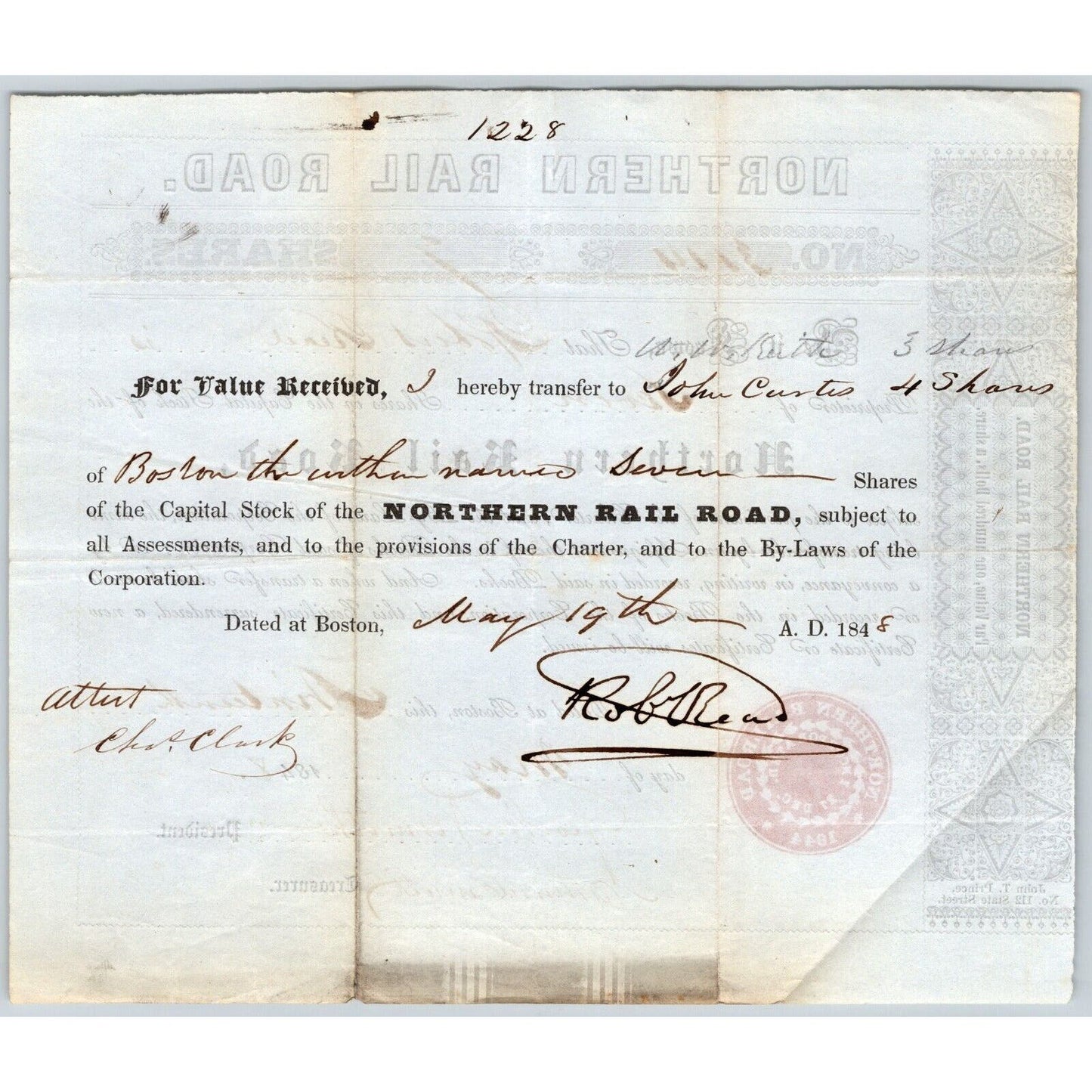 1848 Boston, MA Northern Railroad Stock Certificate No. 3414 for Seven Shares