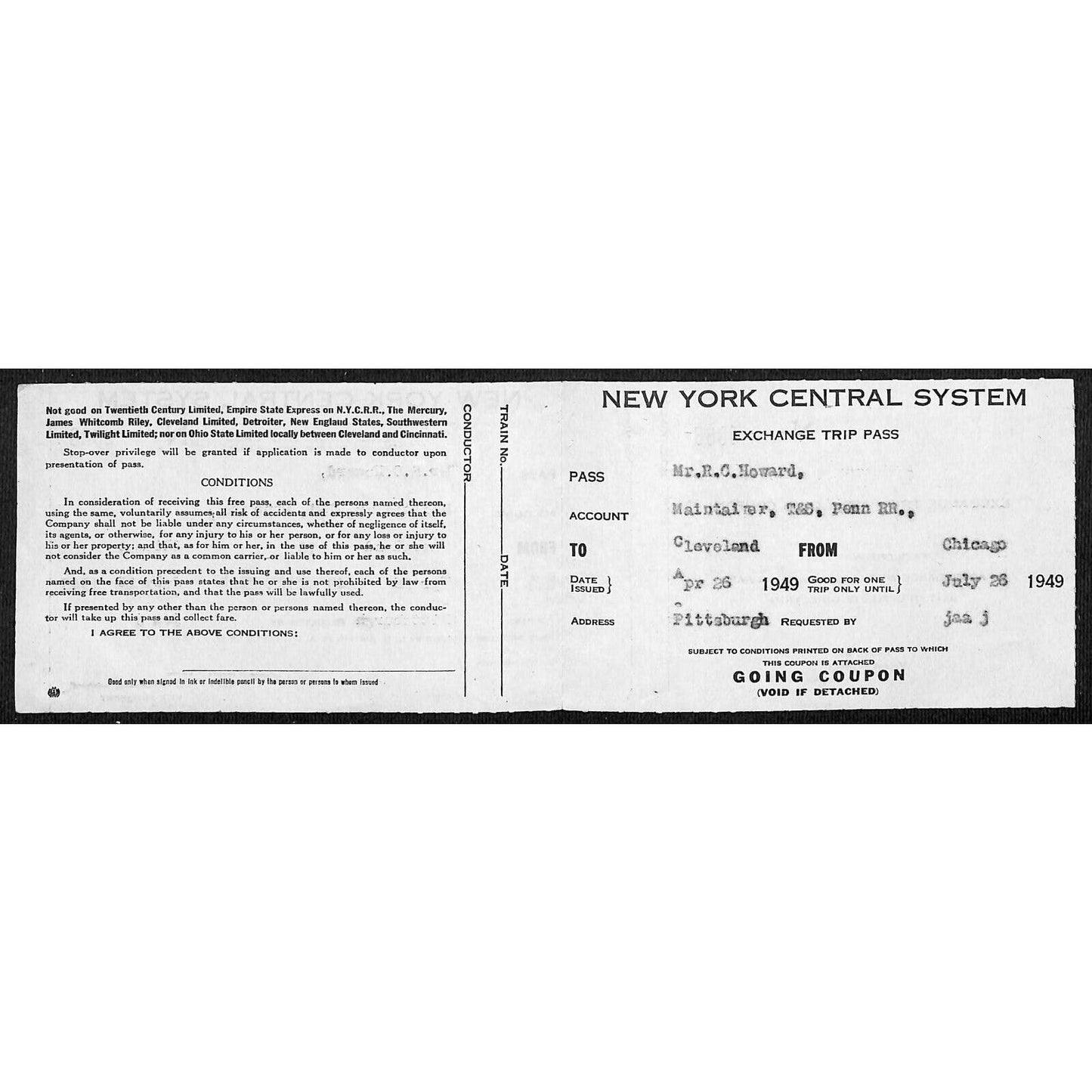 1949 New York Central System Railroad Exchange Trip Pass / Ticket Cleveland