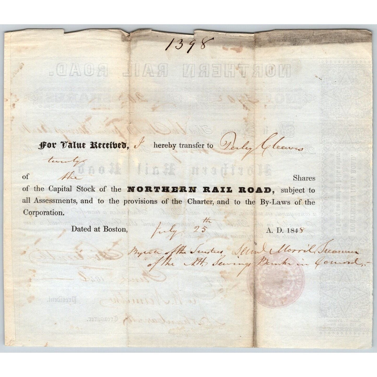 1848 Boston, MA Northern Railroad Stock Certificate No. 3702 for 20 Shares