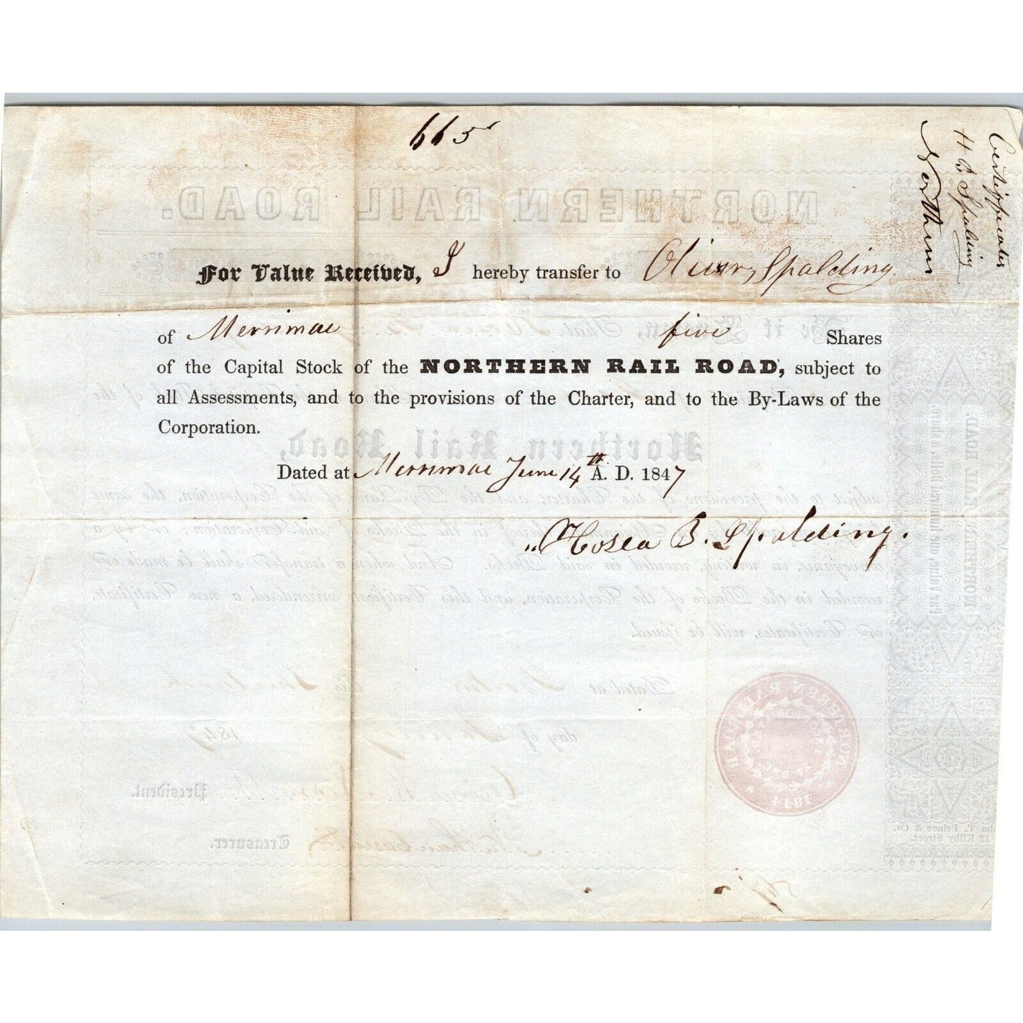 1847 Boston, MA Northern Railroad Stock Certificate LOW No. 215 for 5 Shares