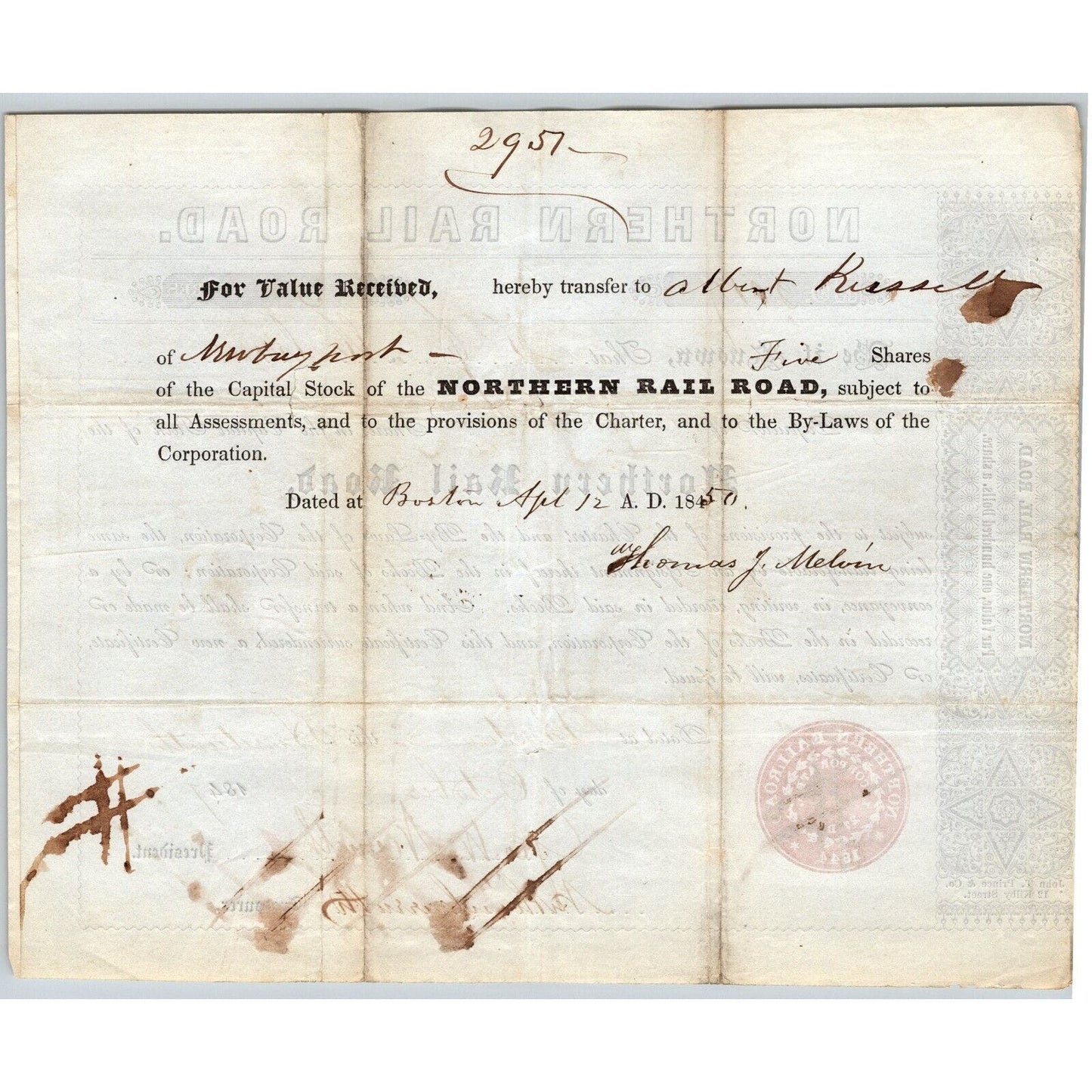 1847 Boston, MA Northern Railroad Stock Certificate No. 2019 for 5 Shares