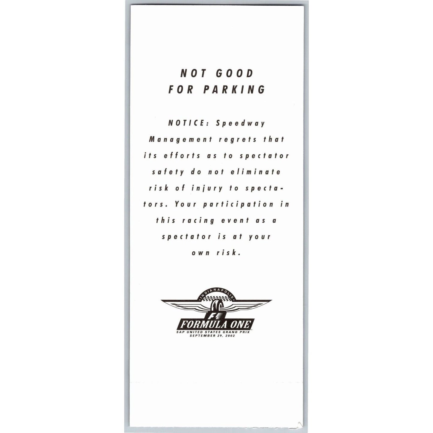 2002 Indianapolis Formula One Grand Prix Racing Hulman Suite Ticket Stub #49