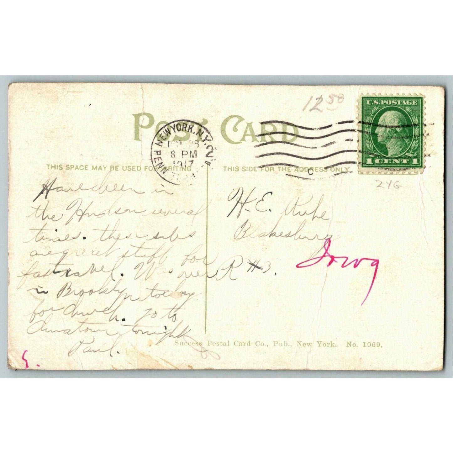 Vintage c1917 PPC New York Postcard "The Brooklyn Subway" (Success Postal)