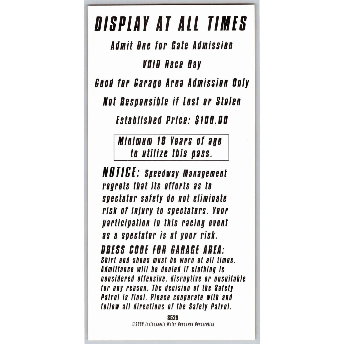 2000 Indy 500 Gasoline Alley Pass Indianapolis IMS VGC #1607