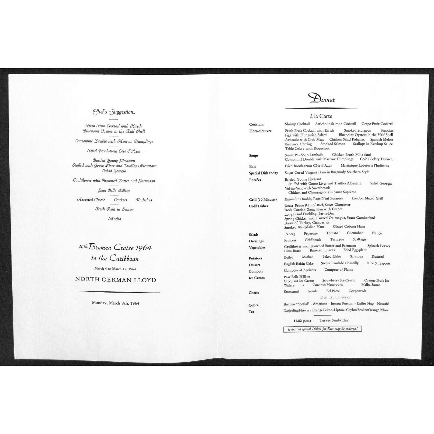 1964 North German Lloyd Bremen Cruise Line Dinner Menu Mar 9