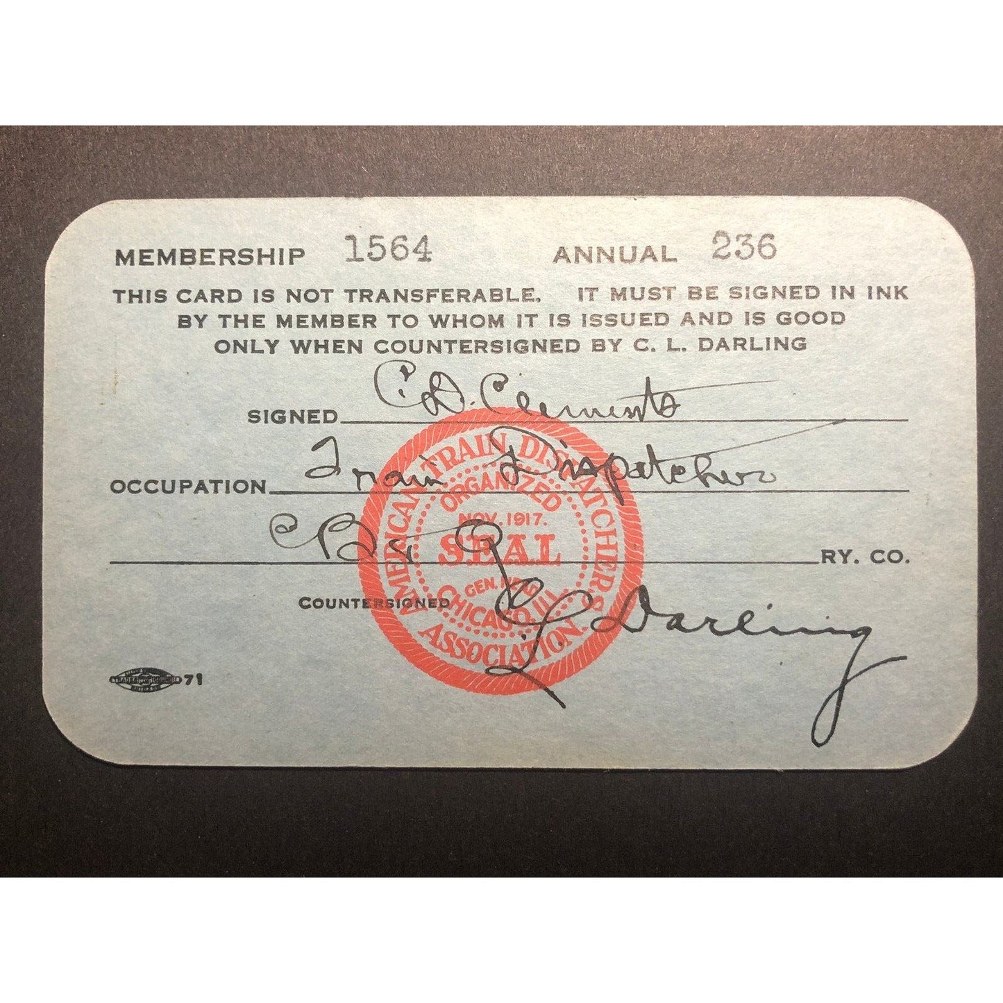 1935 American Train Dispatchers Association Membership Card C.D. Clements