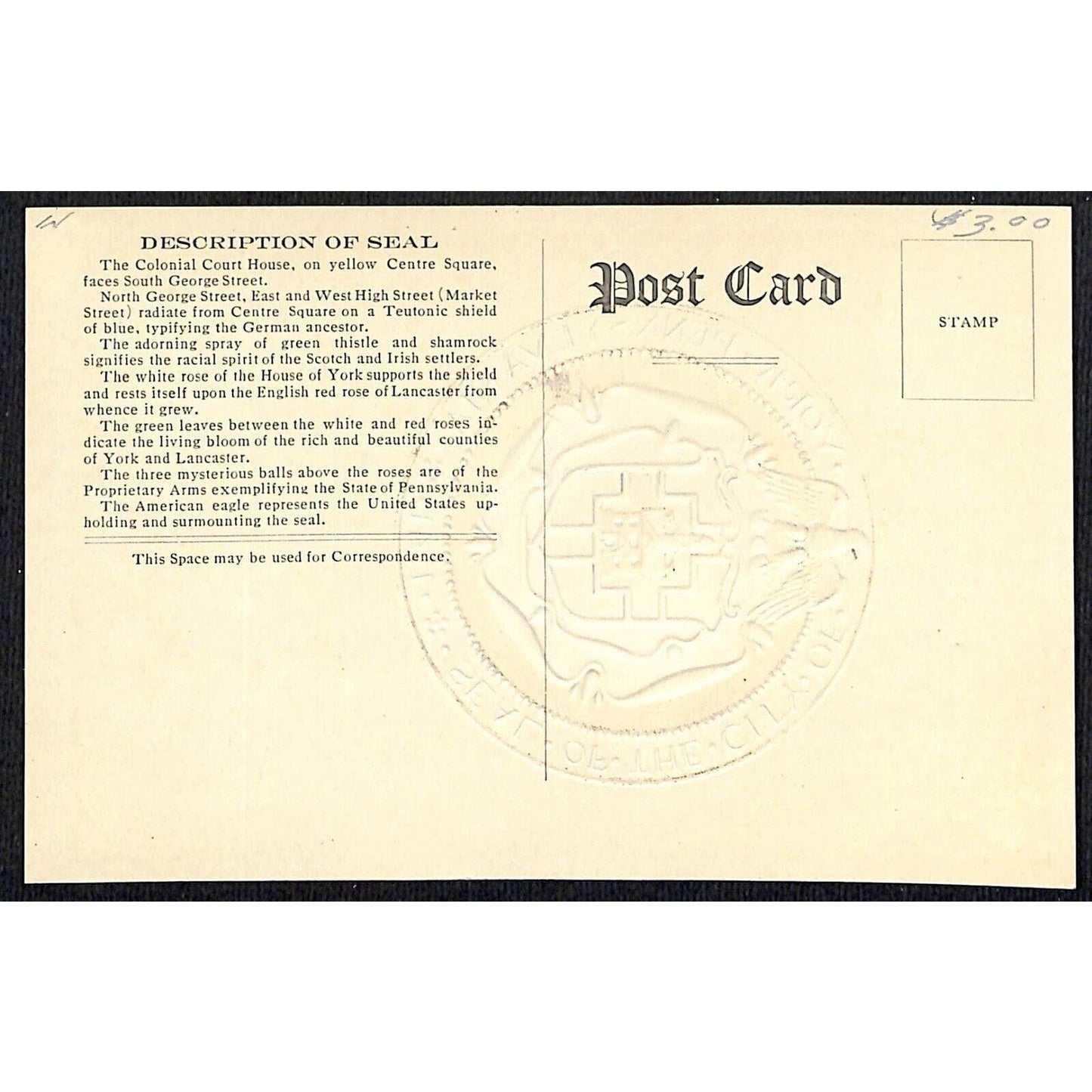 Seal of the City of York, Pennsylvania Postcard c1977 NP VGC - Embossed