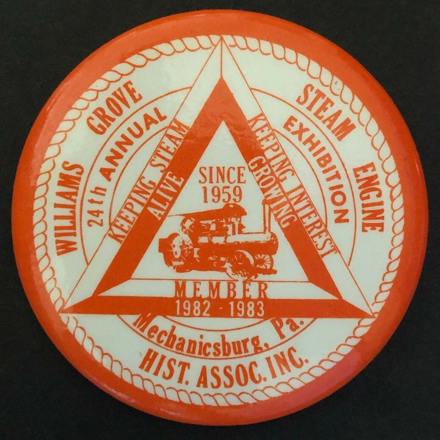 1982-83 Williams Grove Steam Engine Historical Mechanicsburg, PA Pin Back Button