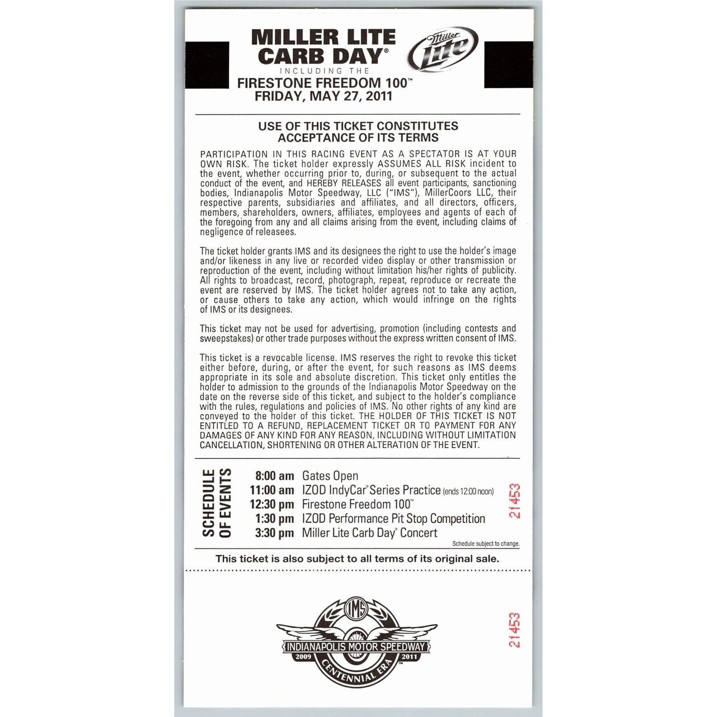 2011 Indy 500 Miller Lite Carb Day 5/27 Unused Ticket Staind #809