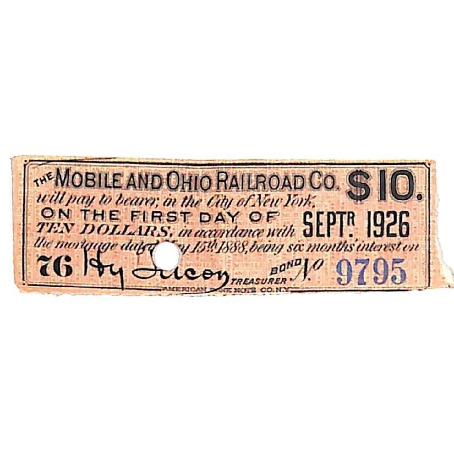 1888 Mobile and Ohio Railroad Small $10 Bond Certificate Coupon Due 1926 #9795
