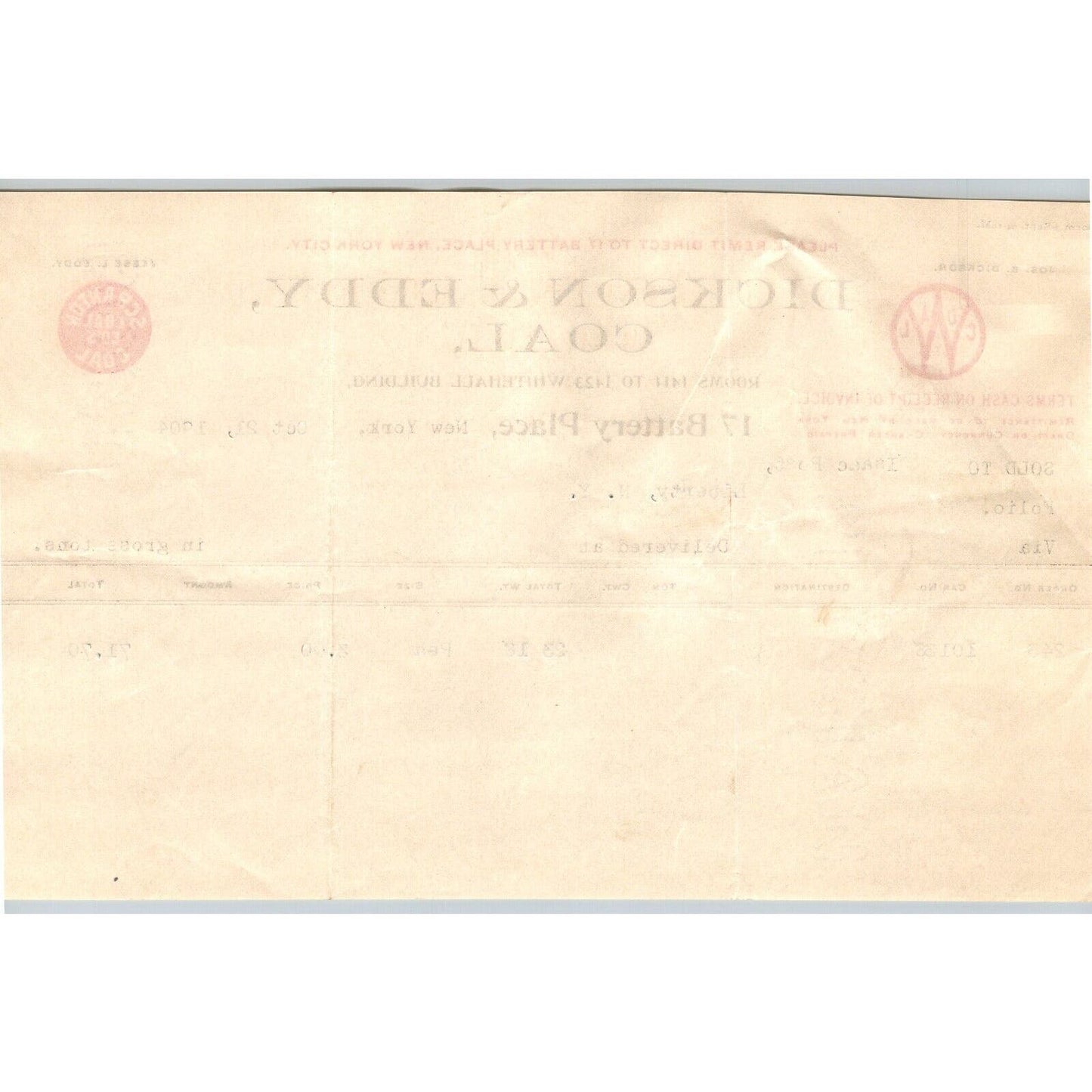 Dickson & Eddy Coal 17 Battery Place, NYC to: Isaac Post Oct 21 1904 Billhead