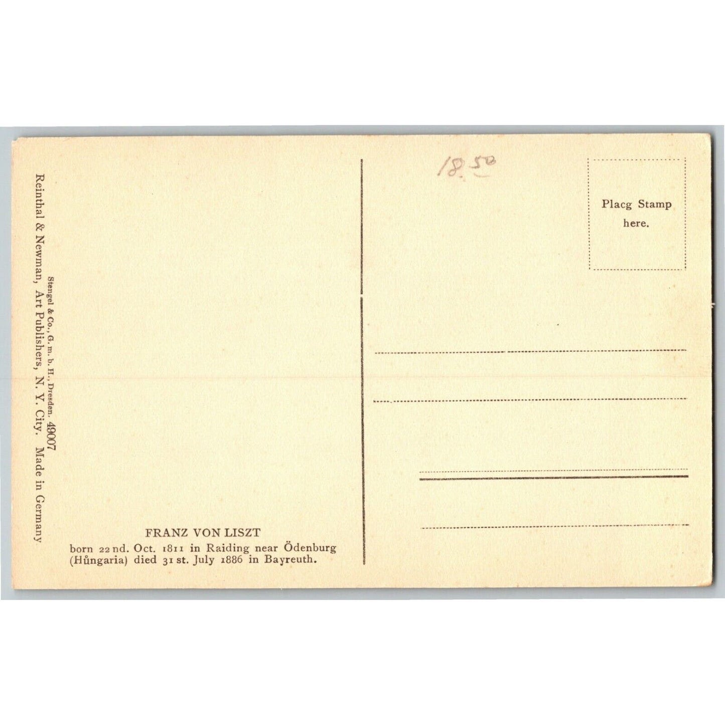 Vintage c1920's Postcard Composer Pianist Franz Von Liszt