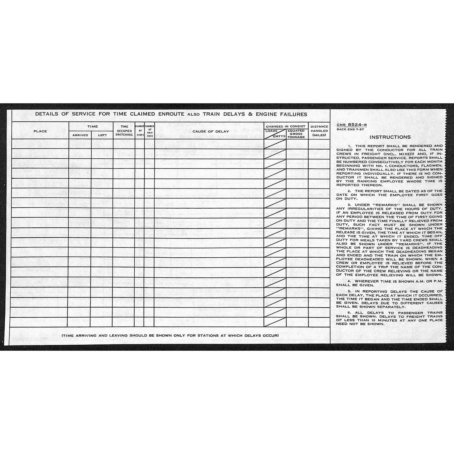 Canadian National Railways Time Return and Delay Report Form Copy Sheet c1957