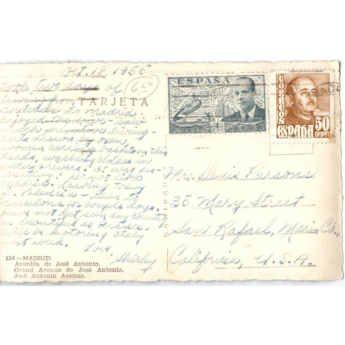 1956 RPPC - Busy Avenida de Jose Antonio, Madrid - Automobile Postcard