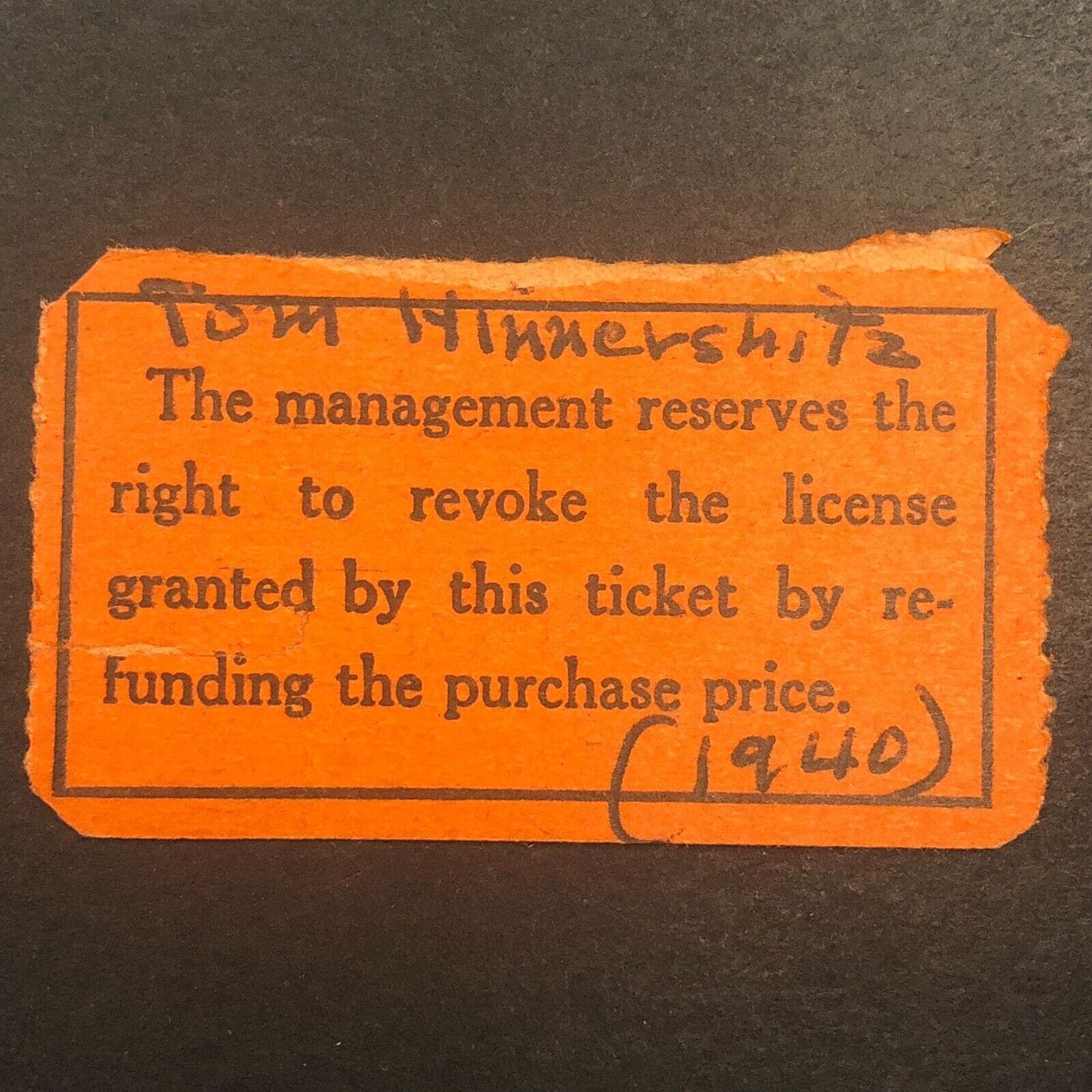 Midget Auto Racing Rain Check Ticket Tom Hinnershitz 1940 Philadelphia Gardens
