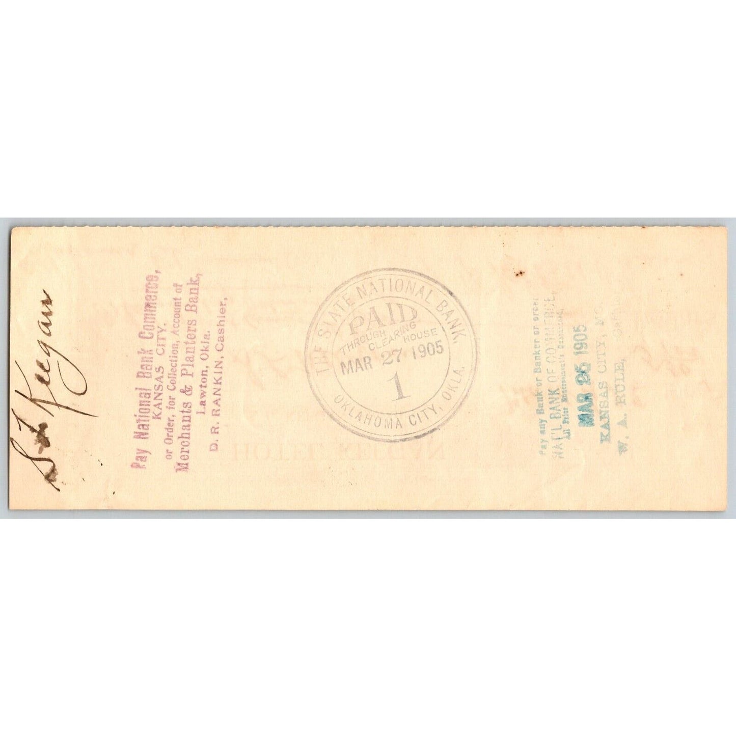 Lawton / Oklahoma City 1905 "Hotel Keegan" Territorial Bank Check - Scarce